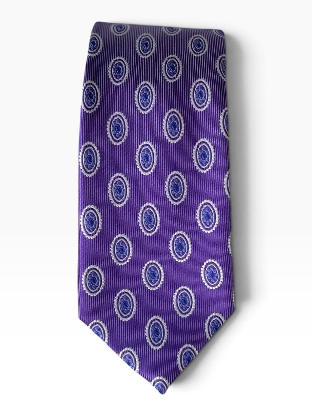 NEW Jos. A. Bank Purple Silk Necktie Purple with Blue Medallions 100% Silk Tie